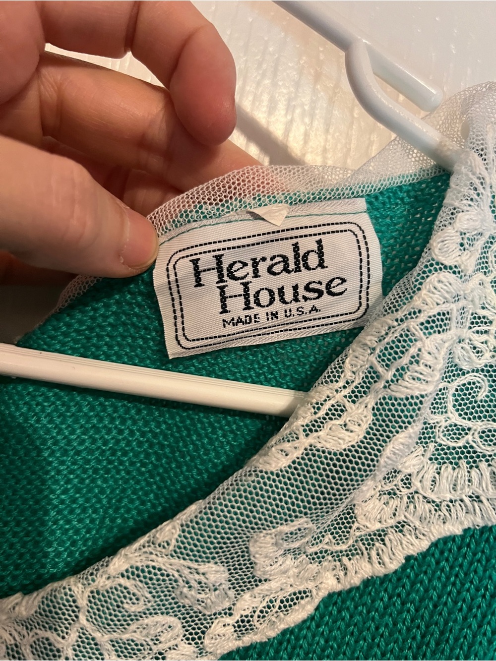 Vintage 80s Herald House Emerald Green Lace Collar Puff Sleeve Knit Top M